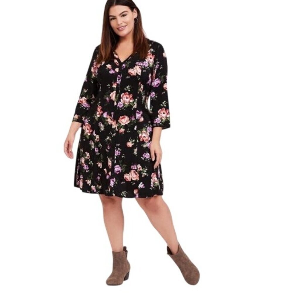 Torrid Black Floral Challis Button Down Trapeze Midi Dress